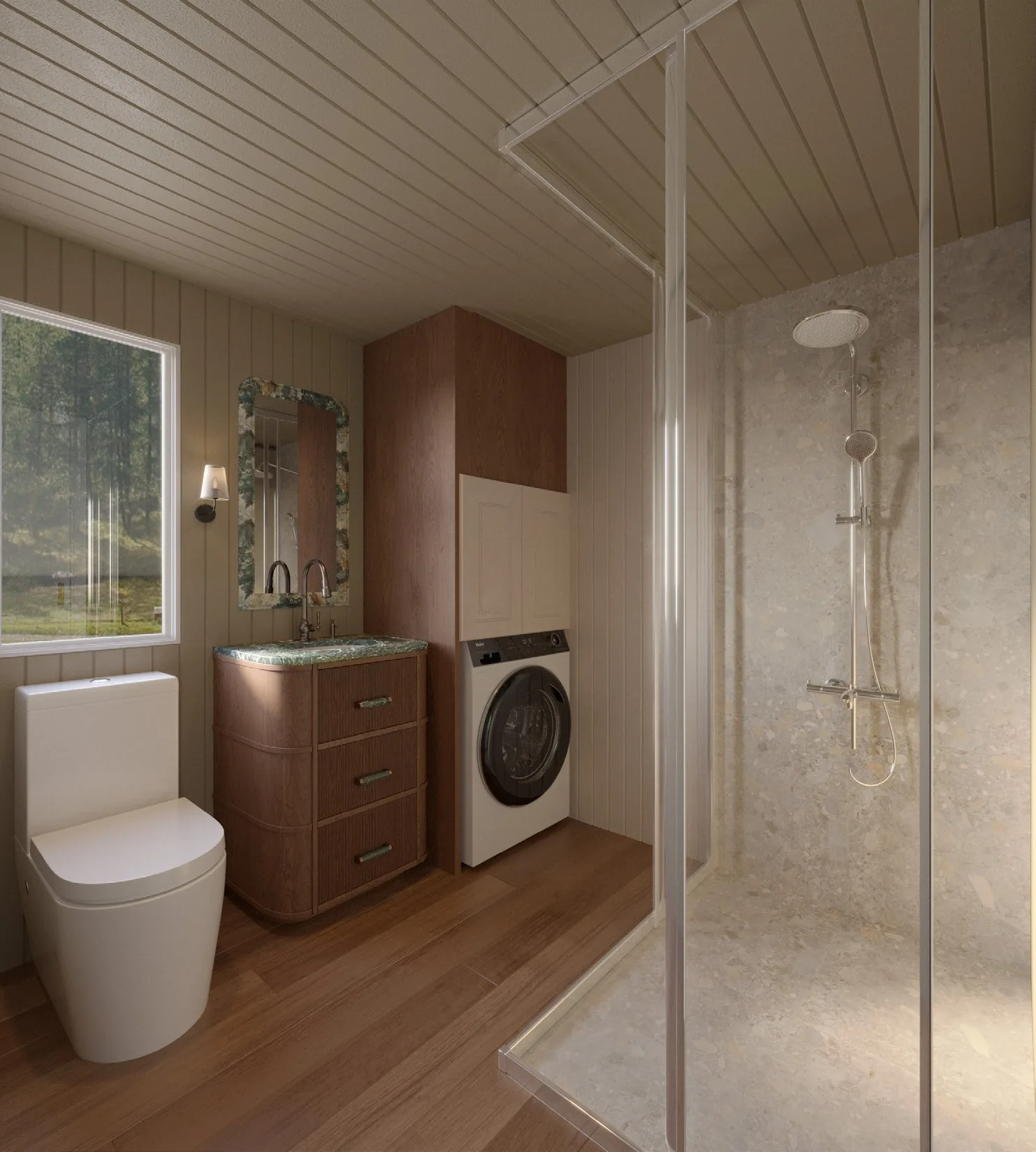 Meadow bathroom with laundry space