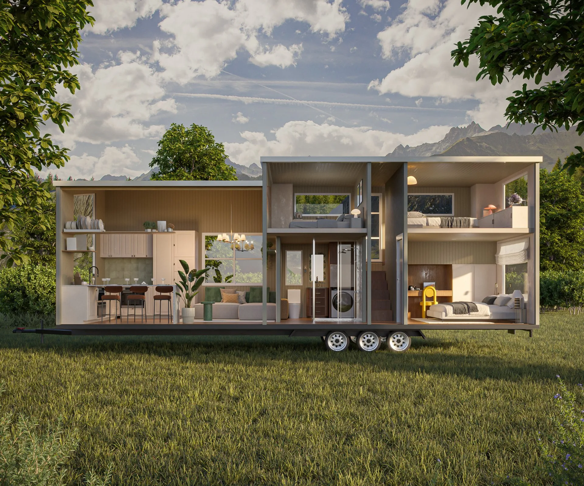 Cutaway of the Meadow showing kitchen, lounge, bathroom, stairs, ground-floor bedroom and two lofts